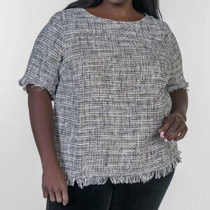 Maree Pour Toi Tweed Fringe Blouse Plus Black White NWT Workwear Business Top